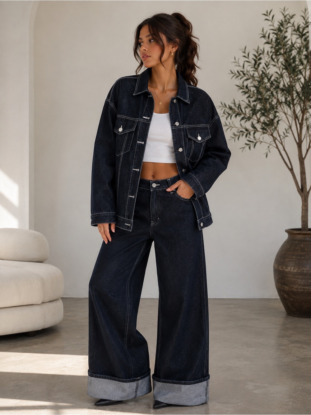 Dark Indigo Wide-Leg Denim Set